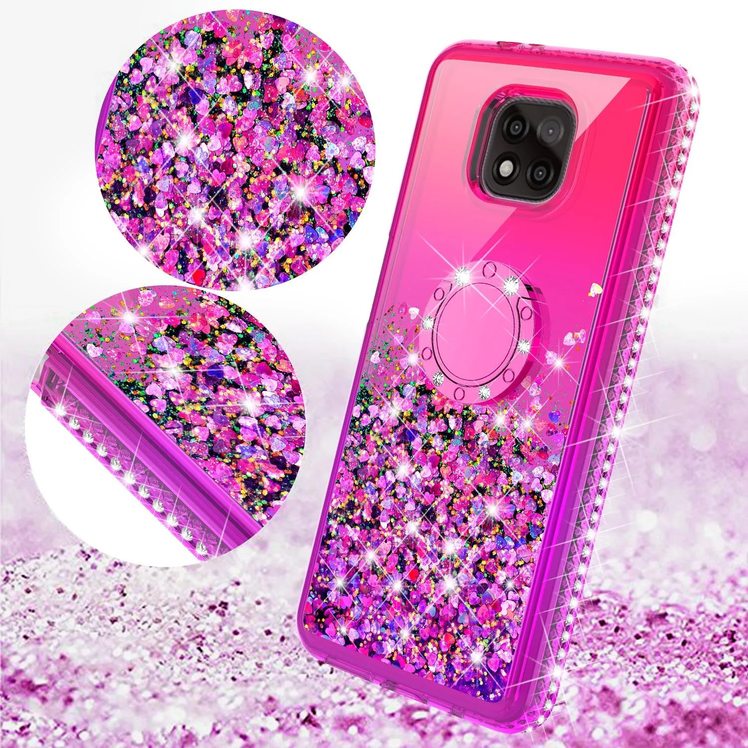 Motorola moto g power 2021 Case, Ring Stand Liquid Floating Quicksand Bling Sparkle Protective Girls Women for Motorola moto g power 2021 W/Tempered Glass - (Hot Pink/Purple Gradient)