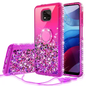 Motorola moto g power 2021 Case, Ring Stand Liquid Floating Quicksand Bling Sparkle Protective Girls Women for Motorola moto g power 2021 W/Tempered Glass - (Hot Pink/Purple Gradient)