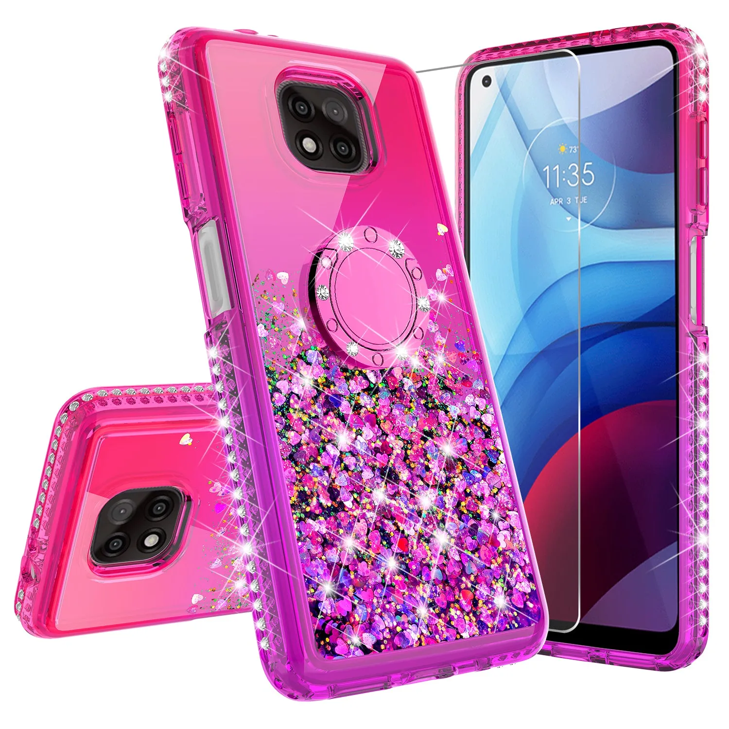 Motorola moto g power 2021 Case, Ring Stand Liquid Floating Quicksand Bling Sparkle Protective Girls Women for Motorola moto g power 2021 W/Tempered Glass - (Hot Pink/Purple Gradient)