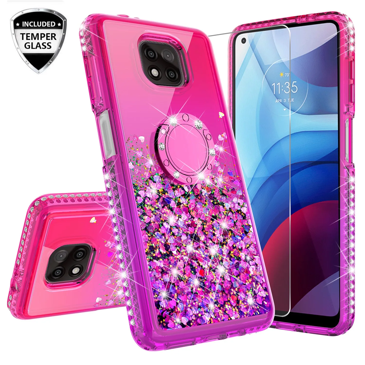 Motorola moto g power 2021 Case, Ring Stand Liquid Floating Quicksand Bling Sparkle Protective Girls Women for Motorola moto g power 2021 W/Tempered Glass - (Hot Pink/Purple Gradient)