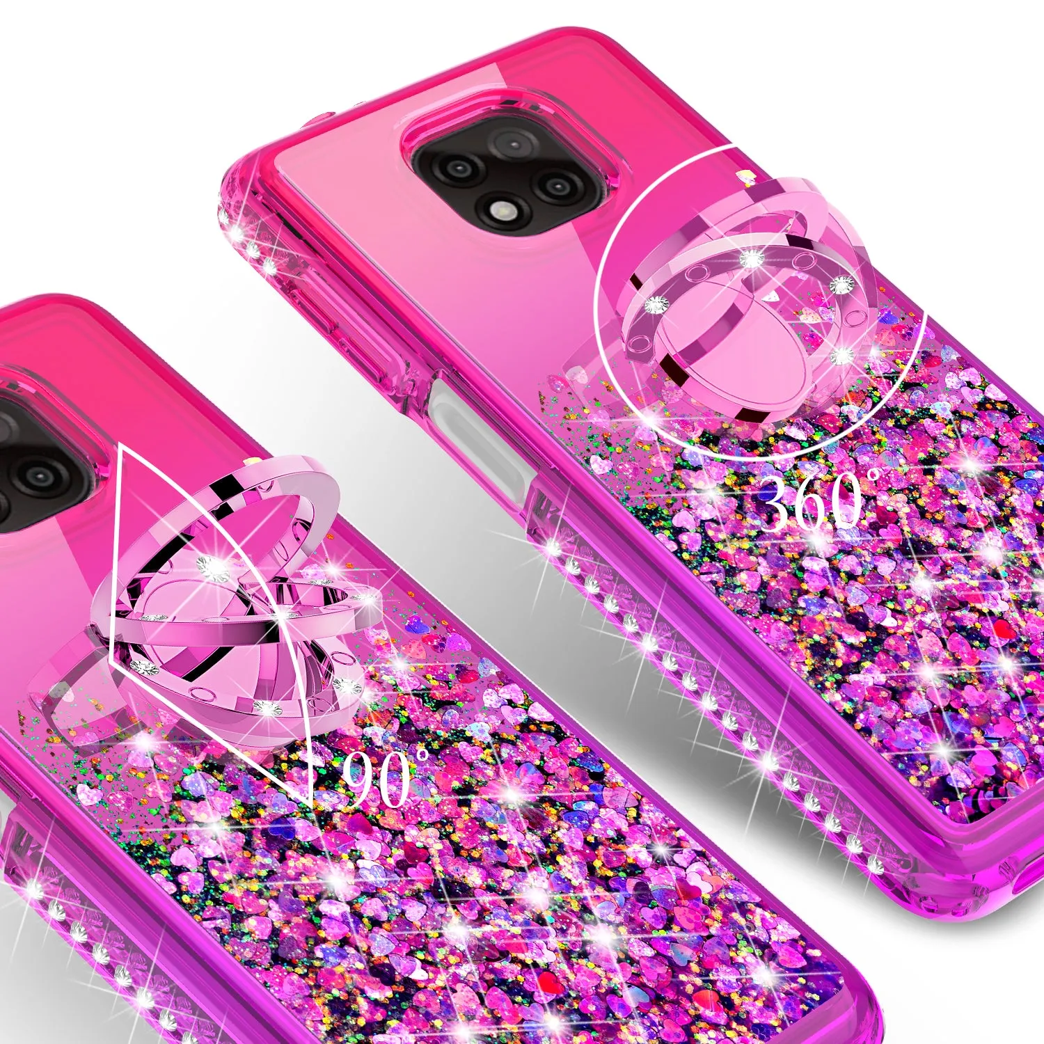Motorola moto g power 2021 Case, Ring Stand Liquid Floating Quicksand Bling Sparkle Protective Girls Women for Motorola moto g power 2021 W/Tempered Glass - (Hot Pink/Purple Gradient)