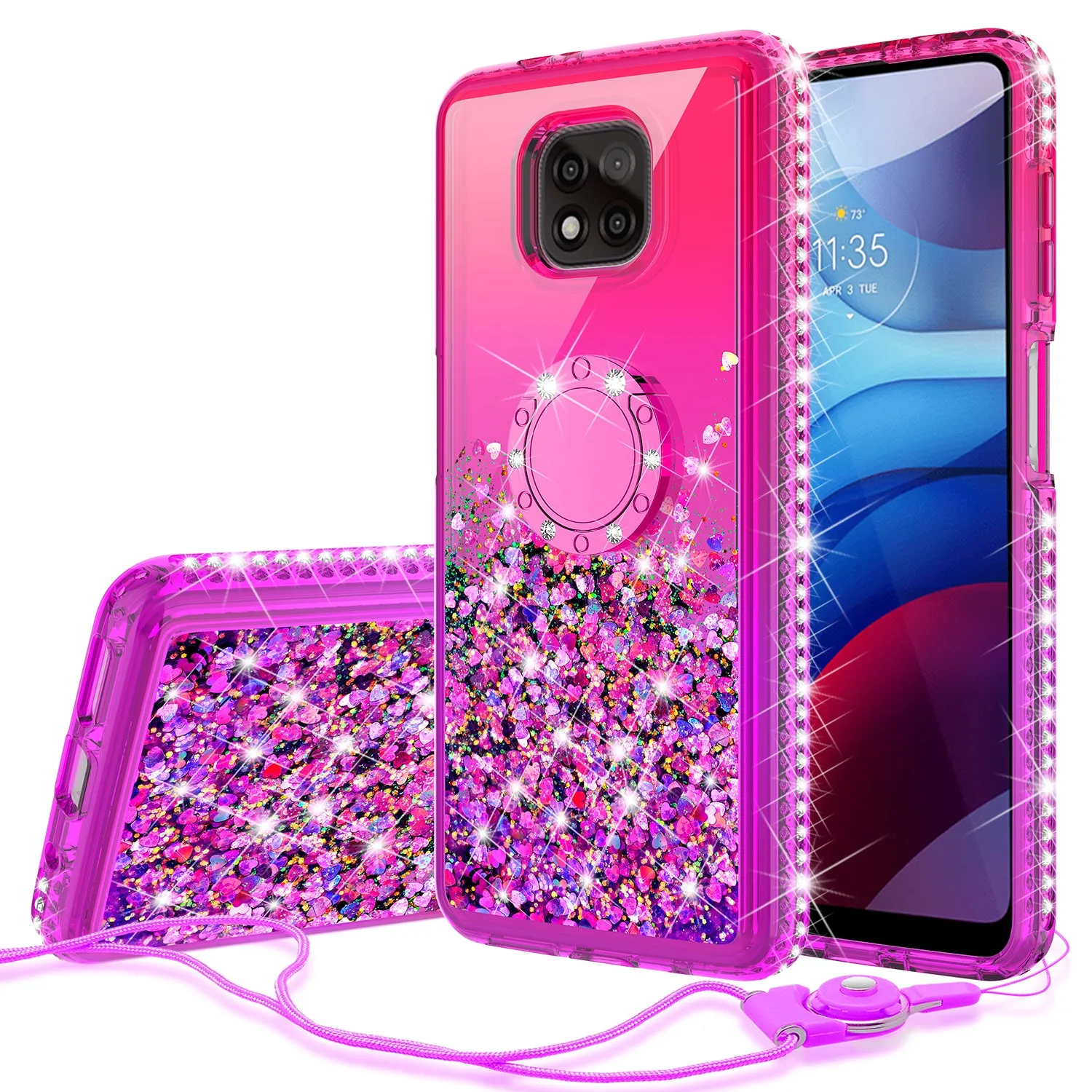 Motorola moto g power 2021 Case, Ring Stand Liquid Floating Quicksand Bling Sparkle Protective Girls Women for Motorola moto g power 2021 W/Tempered Glass - (Hot Pink/Purple Gradient)