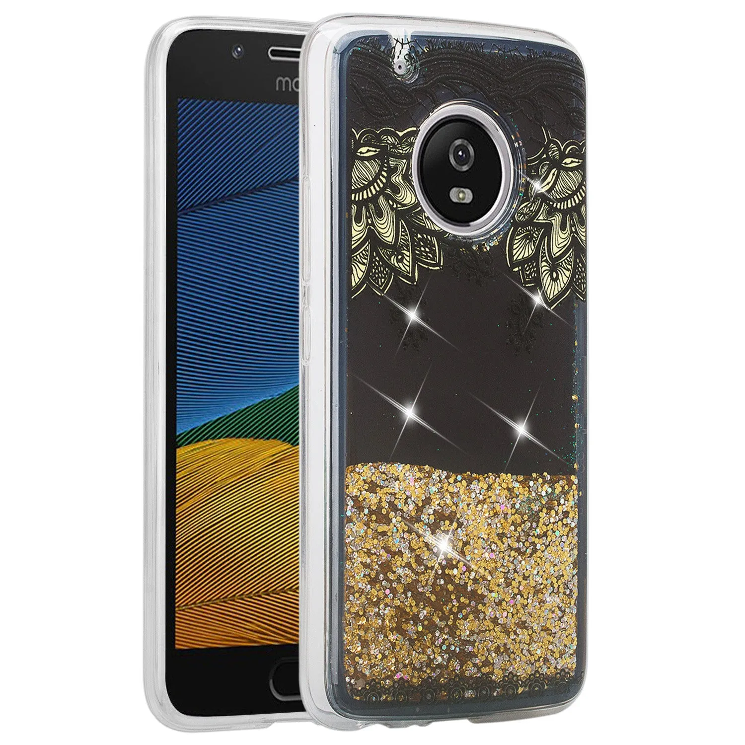 Motorola Moto G5 Plus Luxury Bling Liquid Glitter Case, Sparkle Quicksand Case for Moto G5 Plus - Gold Flower
