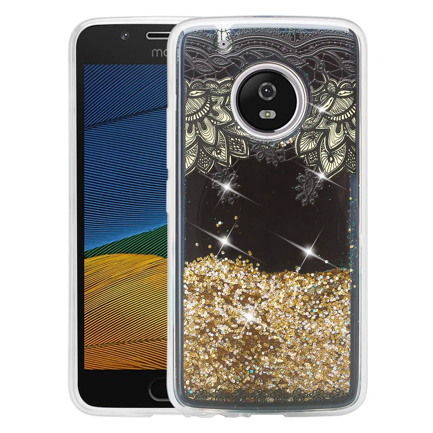Motorola Moto G5 Plus Luxury Bling Liquid Glitter Case, Sparkle Quicksand Case for Moto G5 Plus - Gold Flower