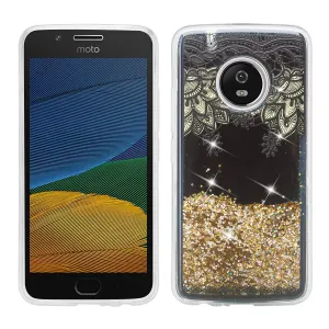 Motorola Moto G5 Plus Luxury Bling Liquid Glitter Case, Sparkle Quicksand Case for Moto G5 Plus - Gold Flower