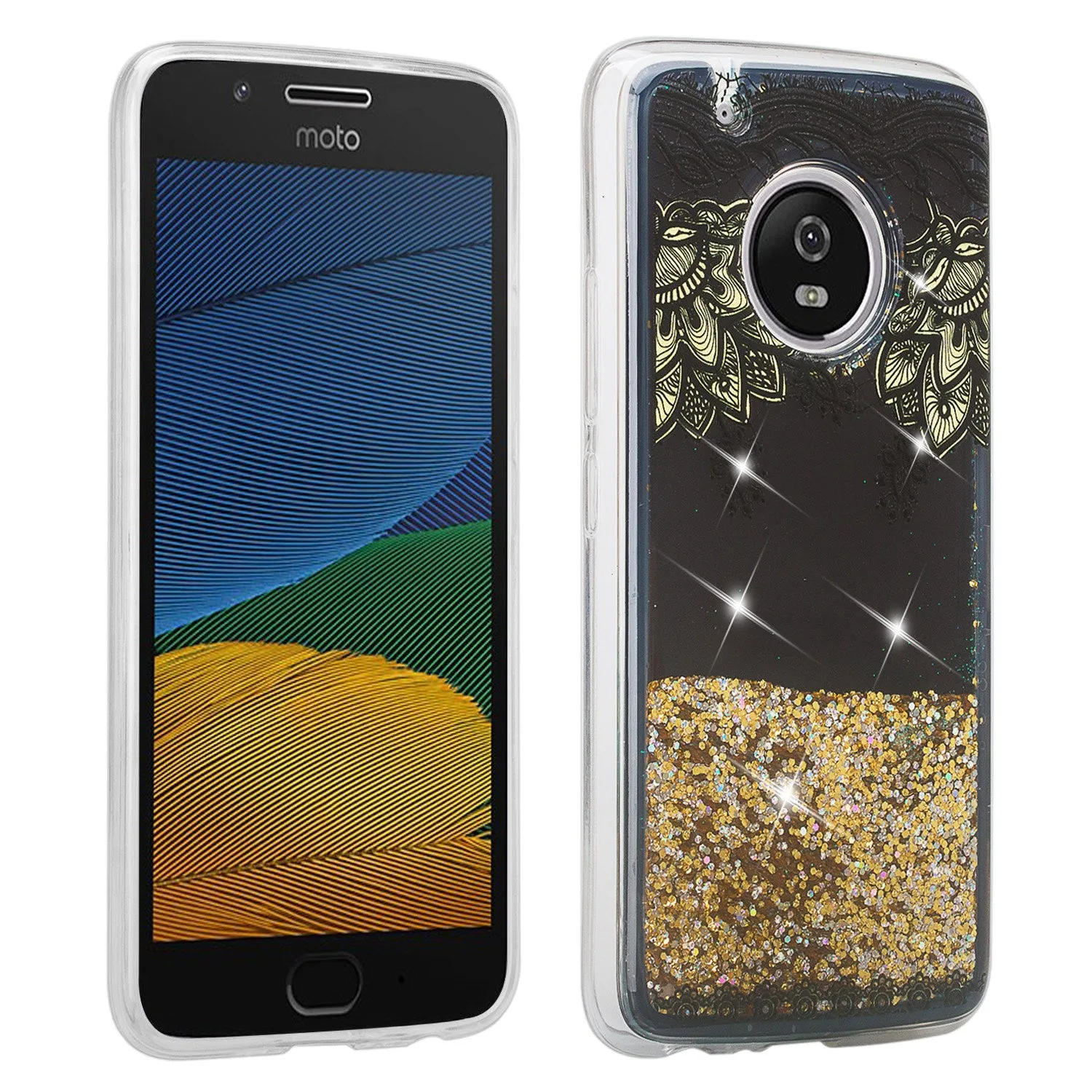 Motorola Moto G5 Plus Luxury Bling Liquid Glitter Case, Sparkle Quicksand Case for Moto G5 Plus - Gold Flower