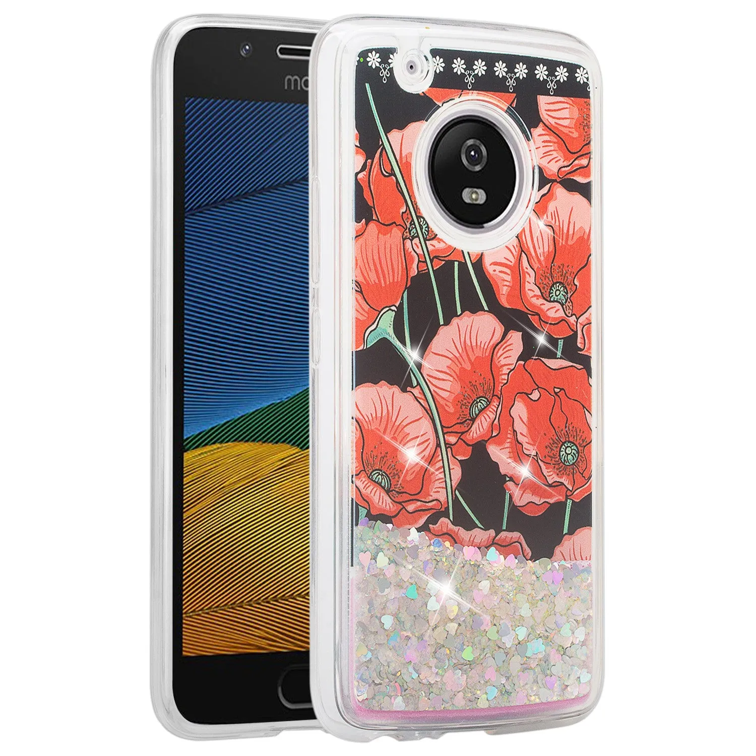 Motorola Moto G5 Plus Luxury Bling Liquid Glitter Case, Sparkle Quicksand Case for Moto G5 Plus - Red Roses
