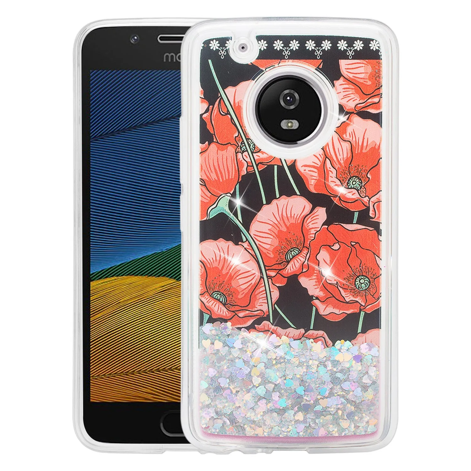 Motorola Moto G5 Plus Luxury Bling Liquid Glitter Case, Sparkle Quicksand Case for Moto G5 Plus - Red Roses