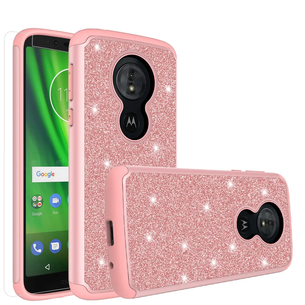 Motorola Moto G6 Play, G6 Forge Case, Moto G6 Play , g6 Forge Glitter Bling Heavy Duty Shock Proof Hybrid Case with [HD Screen Protector] Dual Layer Protective Phone Case Cover for Motorola Moto G6 Play , g6 Forge - Rose Gold
