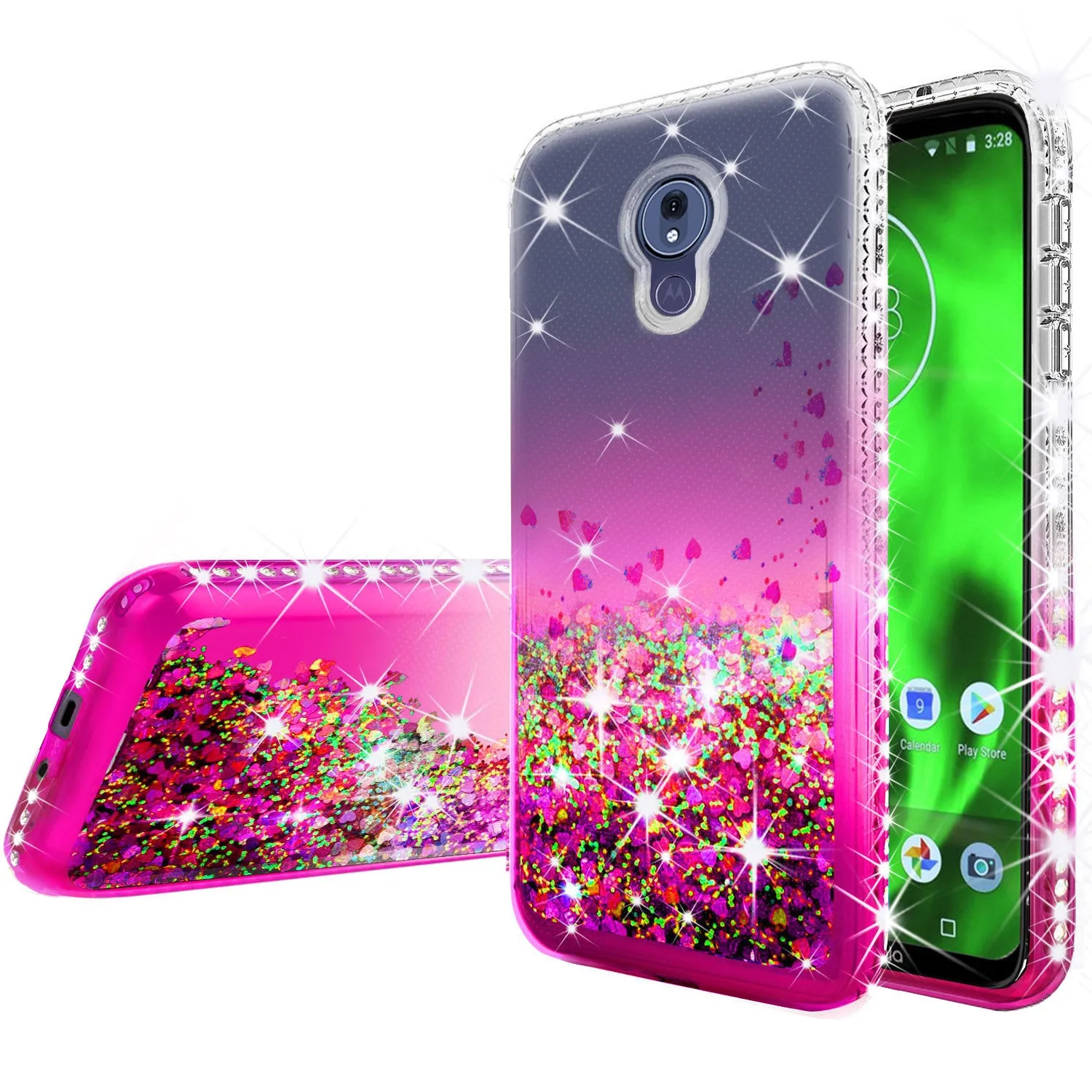 Motorola Moto G7 Power/G7 Supra/G7 Optimo Maxx Case Liquid Glitter Phone Case Waterfall Floating Quicksand Bling Sparkle Cute Protective Girls Women Cover w/ Tempered Glass - Hot Pink