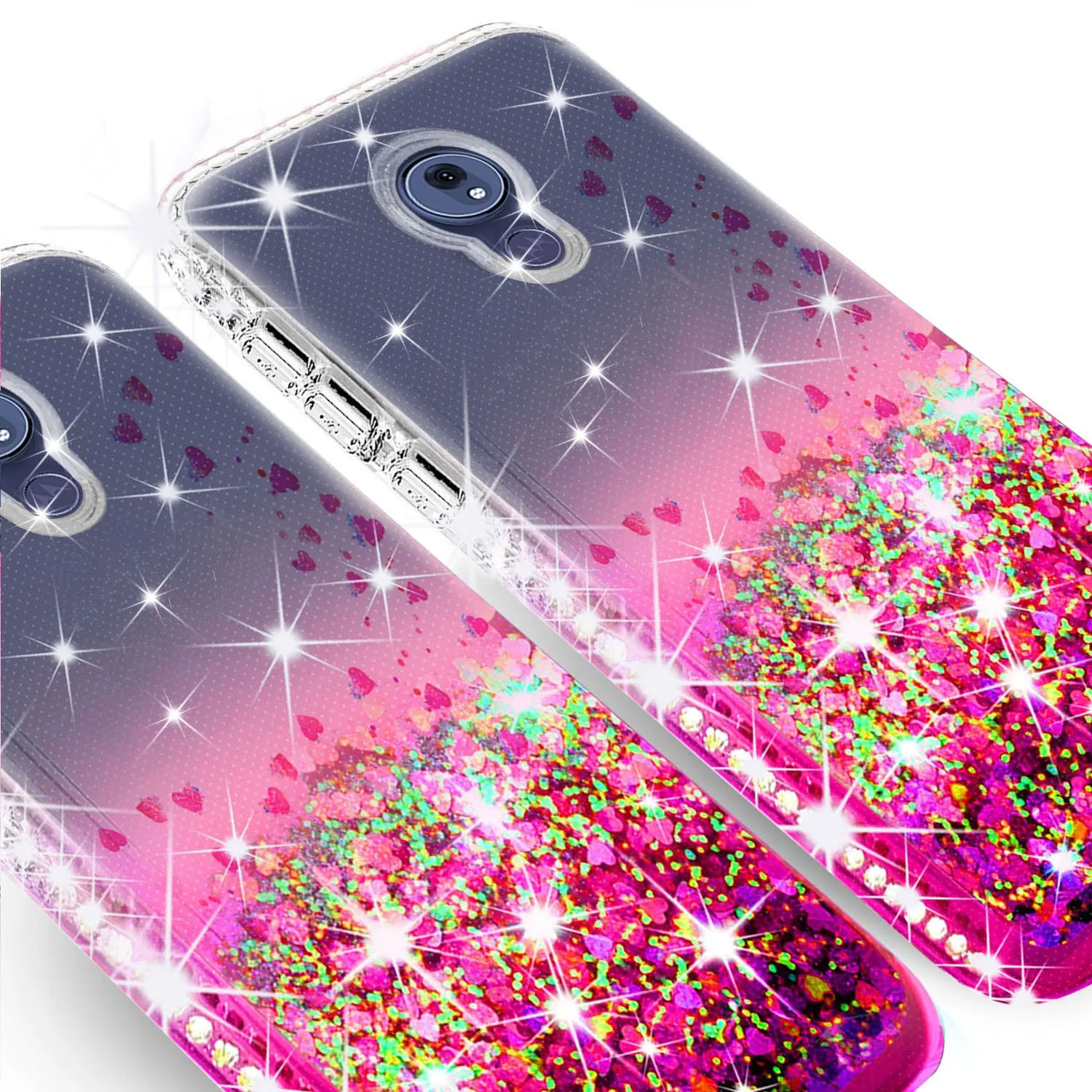 Motorola Moto G7 Power/G7 Supra/G7 Optimo Maxx Case Liquid Glitter Phone Case Waterfall Floating Quicksand Bling Sparkle Cute Protective Girls Women Cover w/ Tempered Glass - Hot Pink