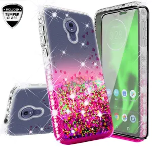 Motorola Moto G7 Power/G7 Supra/G7 Optimo Maxx Case Liquid Glitter Phone Case Waterfall Floating Quicksand Bling Sparkle Cute Protective Girls Women Cover w/ Tempered Glass - Hot Pink