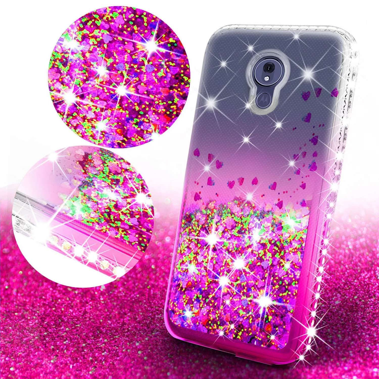 Motorola Moto G7 Power/G7 Supra/G7 Optimo Maxx Case Liquid Glitter Phone Case Waterfall Floating Quicksand Bling Sparkle Cute Protective Girls Women Cover w/ Tempered Glass - Hot Pink