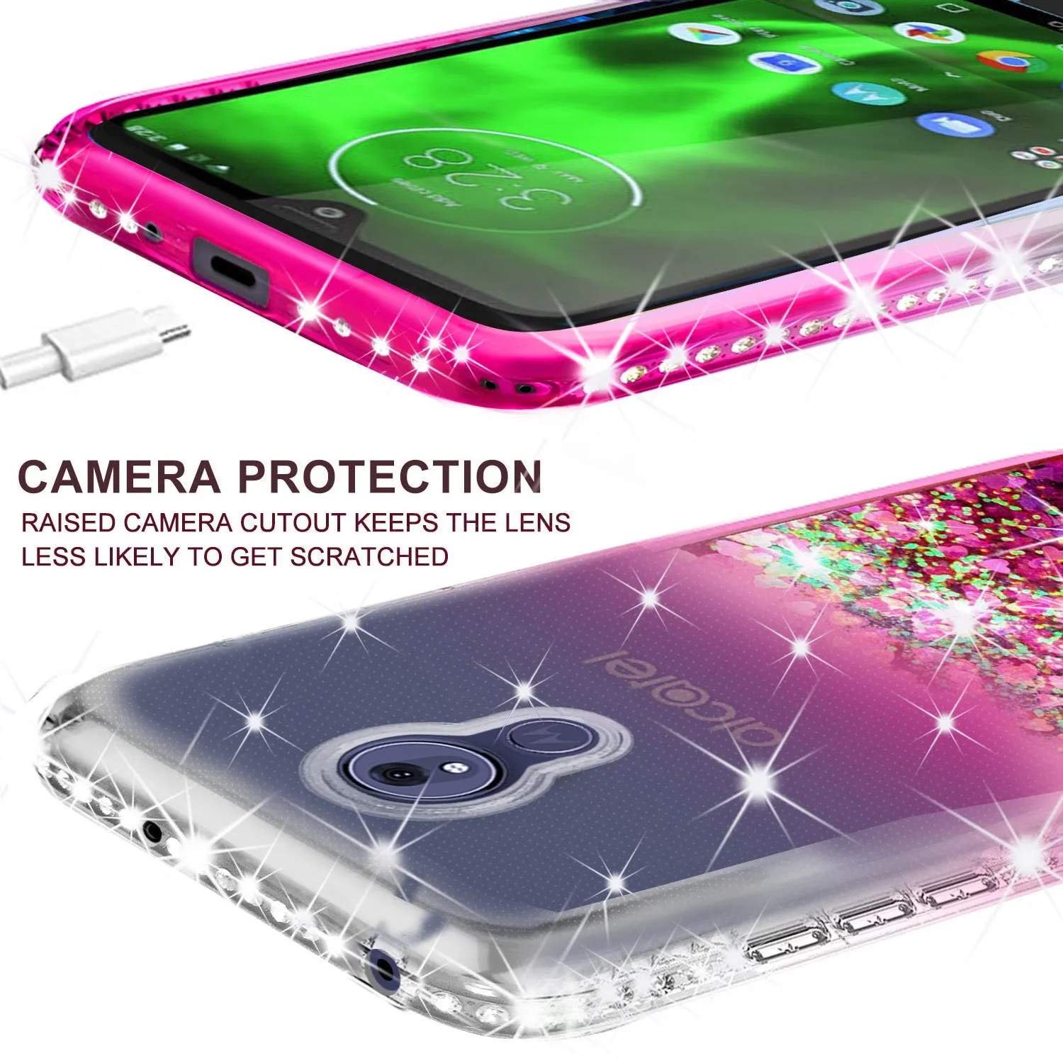 Motorola Moto G7 Power/G7 Supra/G7 Optimo Maxx Case Liquid Glitter Phone Case Waterfall Floating Quicksand Bling Sparkle Cute Protective Girls Women Cover w/ Tempered Glass - Hot Pink
