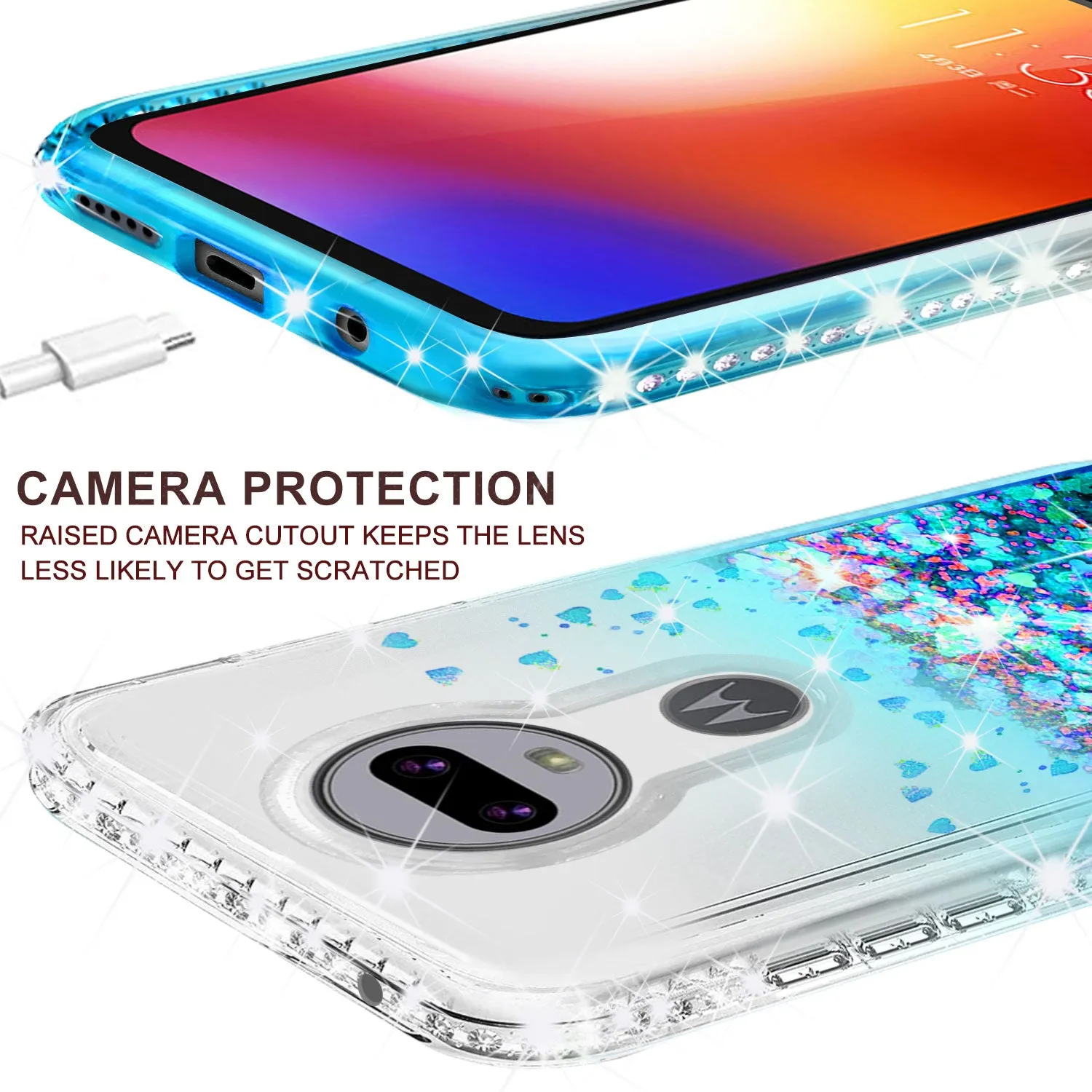 Motorola Moto G7 | Tmobile REVVLRY Plus Case with [Tempered Glass Screen Protector] Liquid Glitter Phone Case Waterfall Floating Quicksand Bling Sparkle Cute Protective Girls Women Cover - Teal