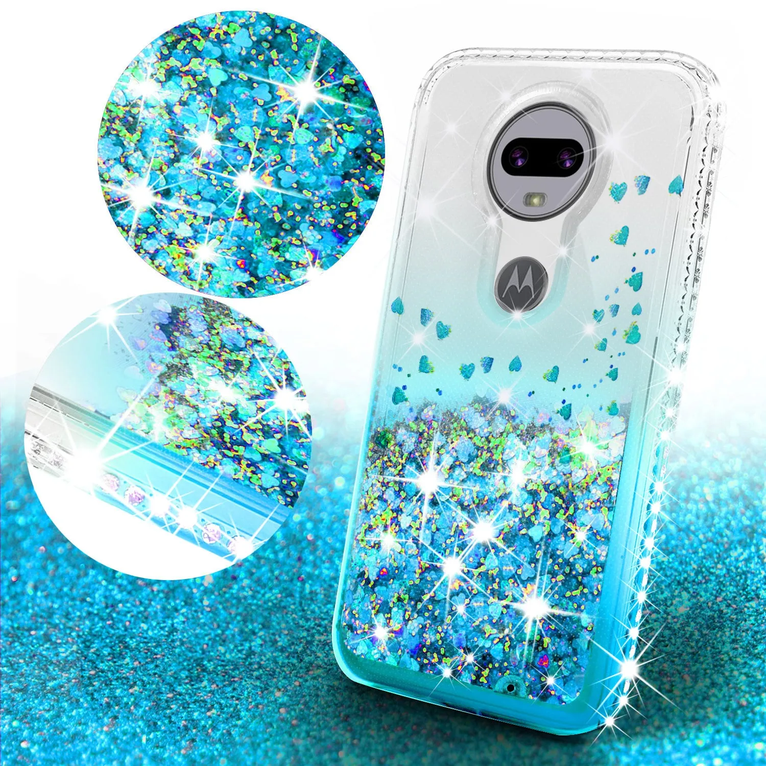Motorola Moto G7 | Tmobile REVVLRY Plus Case with [Tempered Glass Screen Protector] Liquid Glitter Phone Case Waterfall Floating Quicksand Bling Sparkle Cute Protective Girls Women Cover - Teal