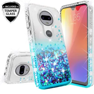 Motorola Moto G7 | Tmobile REVVLRY Plus Case with [Tempered Glass Screen Protector] Liquid Glitter Phone Case Waterfall Floating Quicksand Bling Sparkle Cute Protective Girls Women Cover - Teal