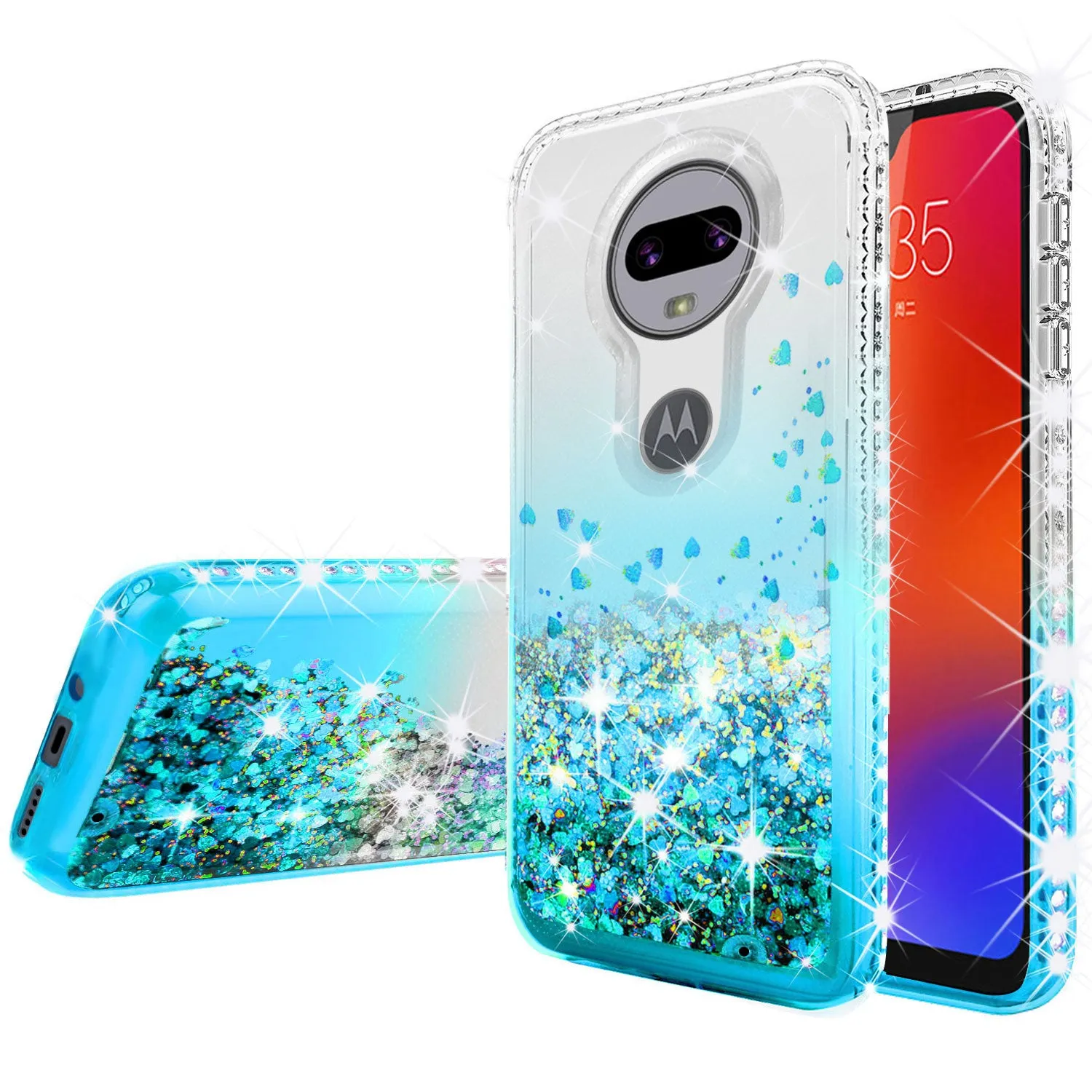 Motorola Moto G7 | Tmobile REVVLRY Plus Case with [Tempered Glass Screen Protector] Liquid Glitter Phone Case Waterfall Floating Quicksand Bling Sparkle Cute Protective Girls Women Cover - Teal