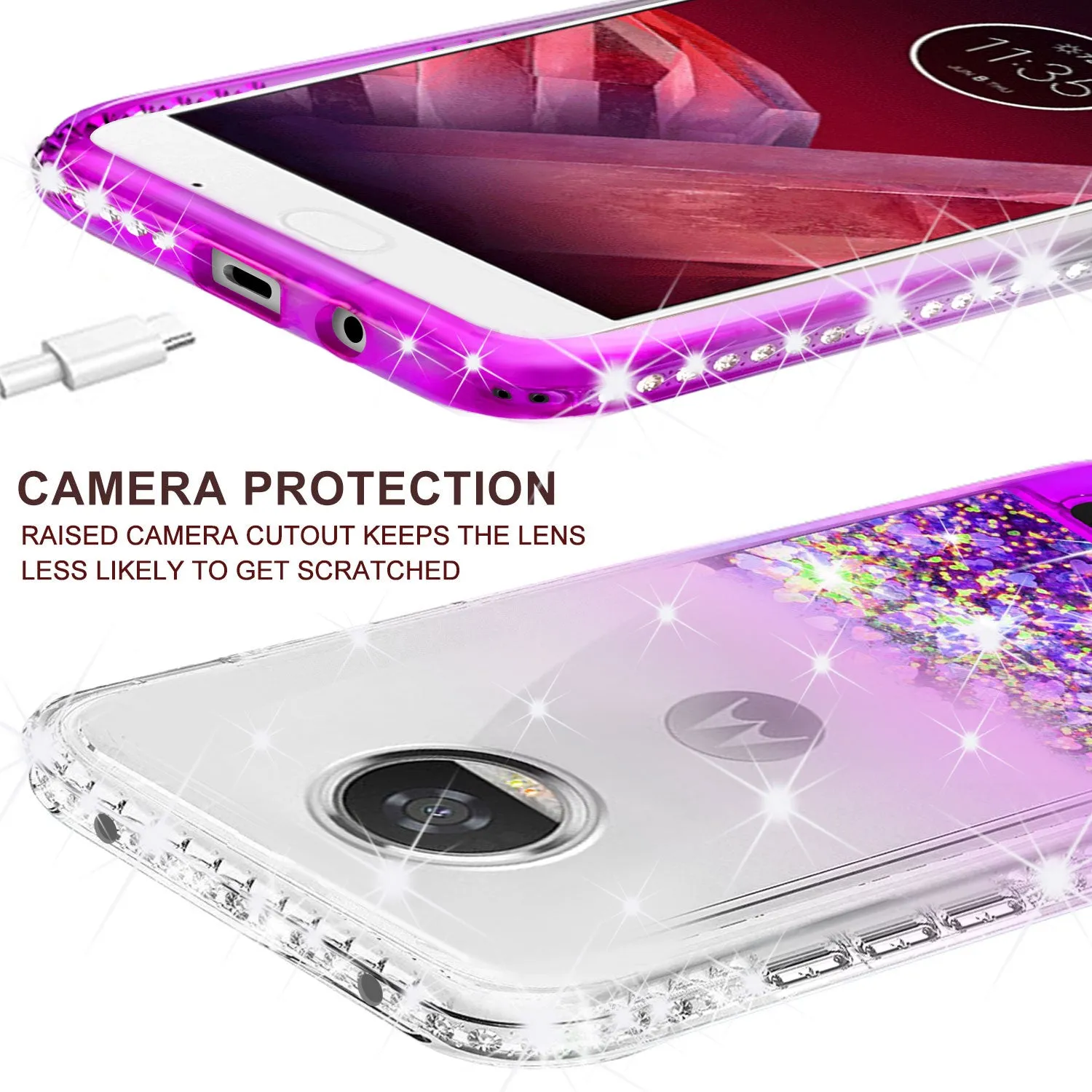 Motorola Moto Z2 Force Case Liquid Glitter Phone Case Waterfall Floating Quicksand Bling Sparkle Cute Protective Girls Women Cover with Temper Glass for Moto Z2 Force - Purple