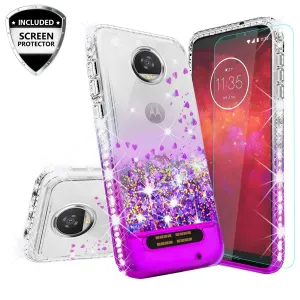 Motorola Moto Z2 Force Case Liquid Glitter Phone Case Waterfall Floating Quicksand Bling Sparkle Cute Protective Girls Women Cover with Temper Glass for Moto Z2 Force - Purple