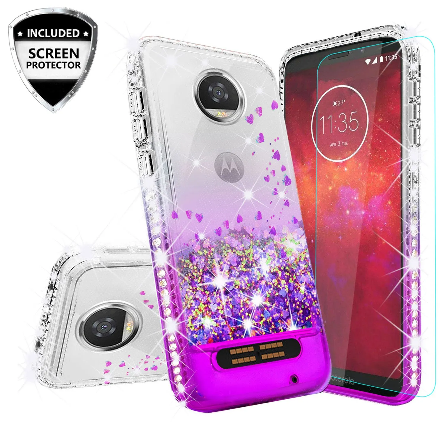 Motorola Moto Z2 Force Case Liquid Glitter Phone Case Waterfall Floating Quicksand Bling Sparkle Cute Protective Girls Women Cover with Temper Glass for Moto Z2 Force - Purple