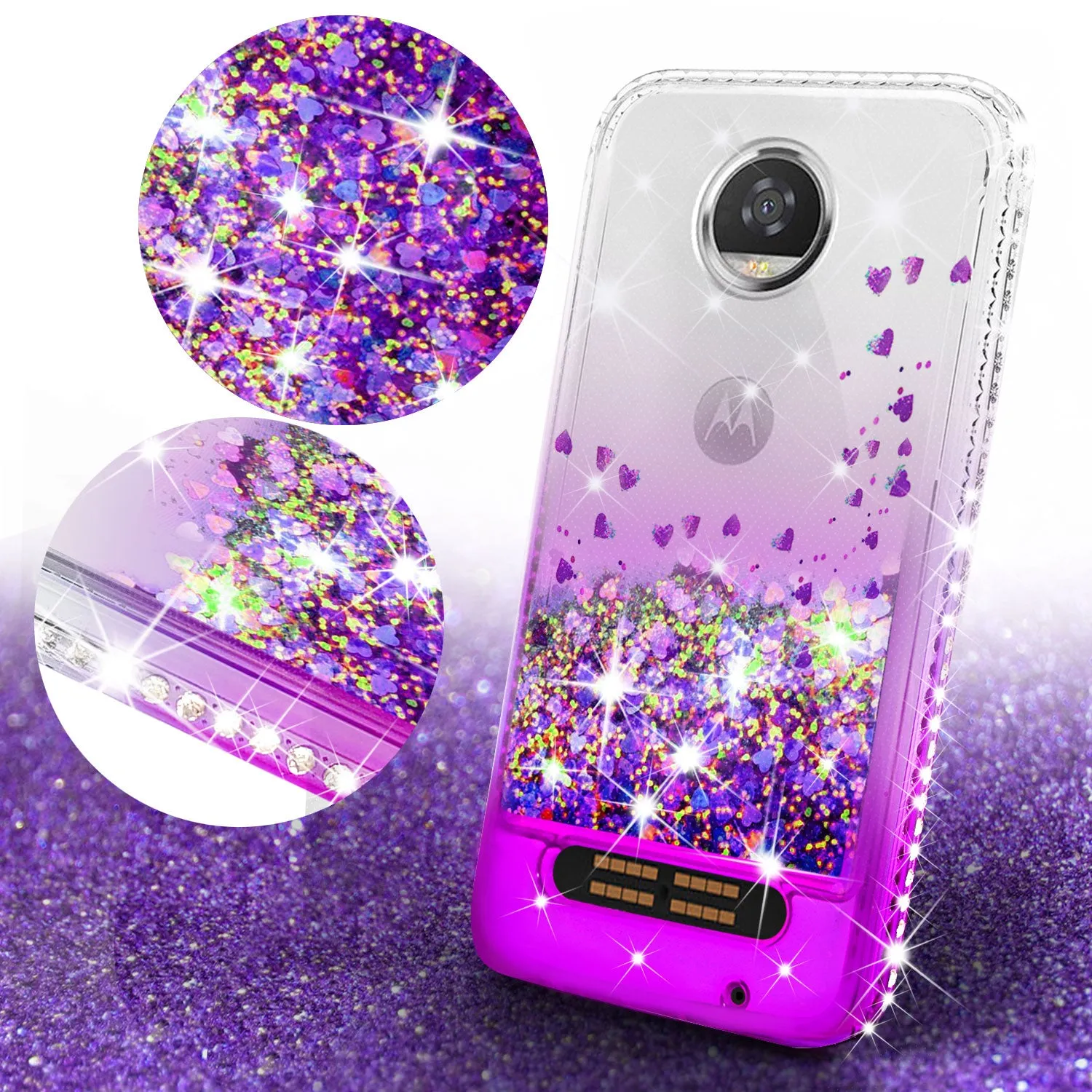 Motorola Moto Z2 Force Case Liquid Glitter Phone Case Waterfall Floating Quicksand Bling Sparkle Cute Protective Girls Women Cover with Temper Glass for Moto Z2 Force - Purple