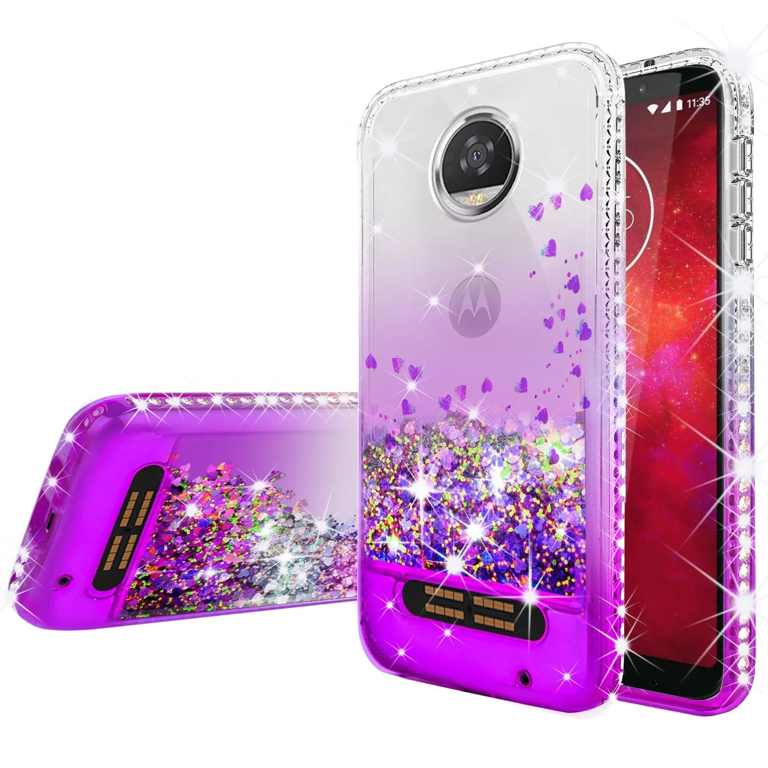 Motorola Moto Z2 Force Case Liquid Glitter Phone Case Waterfall Floating Quicksand Bling Sparkle Cute Protective Girls Women Cover with Temper Glass for Moto Z2 Force - Purple