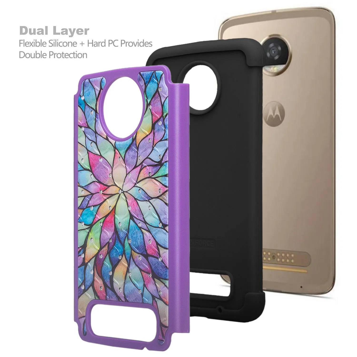 Motorola Moto Z2 Force Case, Moto Z2 Force Case, Slim Hybrid [Shock/Impact Resistant] Crystal Rhinestone Dual Layer Protective Cover for Moto Z2 Force - Rainbow Flower