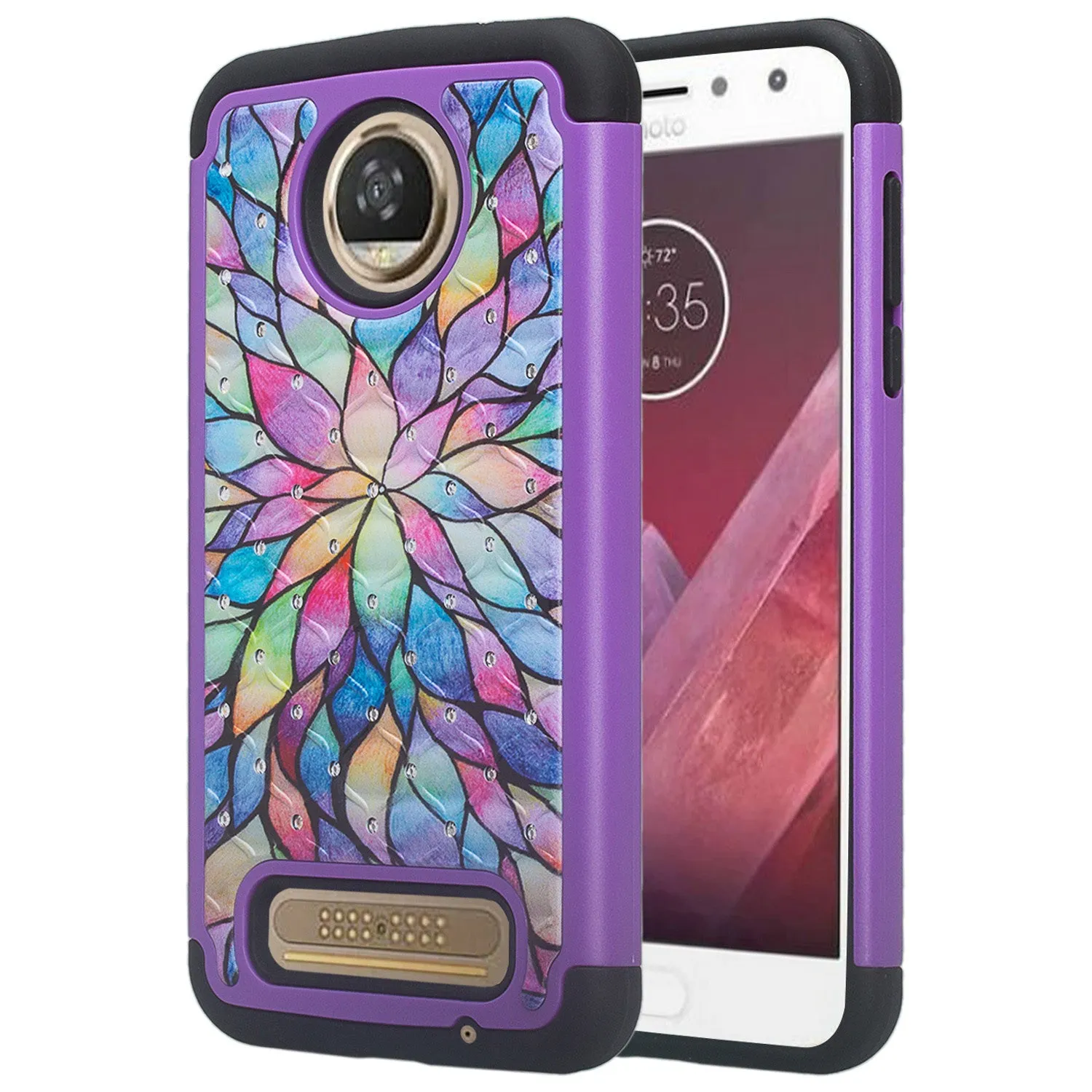 Motorola Moto Z2 Force Case, Moto Z2 Force Case, Slim Hybrid [Shock/Impact Resistant] Crystal Rhinestone Dual Layer Protective Cover for Moto Z2 Force - Rainbow Flower