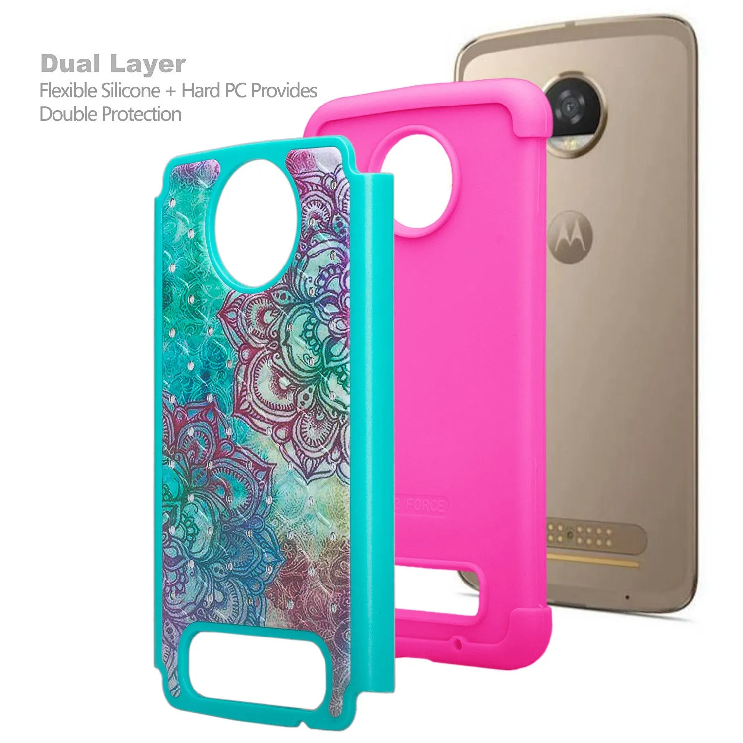 Motorola Moto Z2 Play Case, Moto Z2 Play Case, Slim Hybrid [Shock/Impact Resistant] Crystal Rhinestone Dual Layer Protective Cover for Moto Z2 Play - Teal Flower