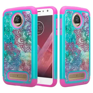 Motorola Moto Z2 Play Case, Moto Z2 Play Case, Slim Hybrid [Shock/Impact Resistant] Crystal Rhinestone Dual Layer Protective Cover for Moto Z2 Play - Teal Flower