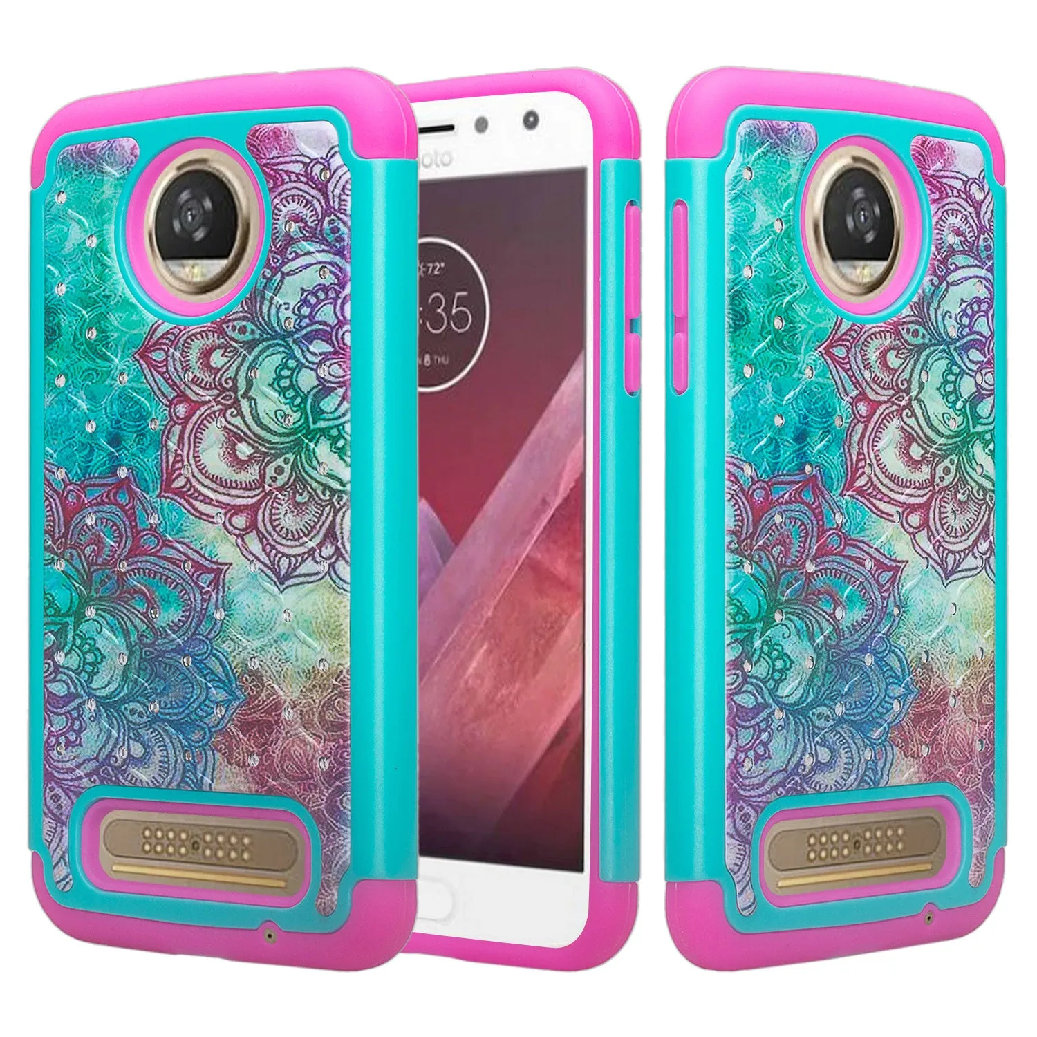 Motorola Moto Z2 Play Case, Moto Z2 Play Case, Slim Hybrid [Shock/Impact Resistant] Crystal Rhinestone Dual Layer Protective Cover for Moto Z2 Play - Teal Flower