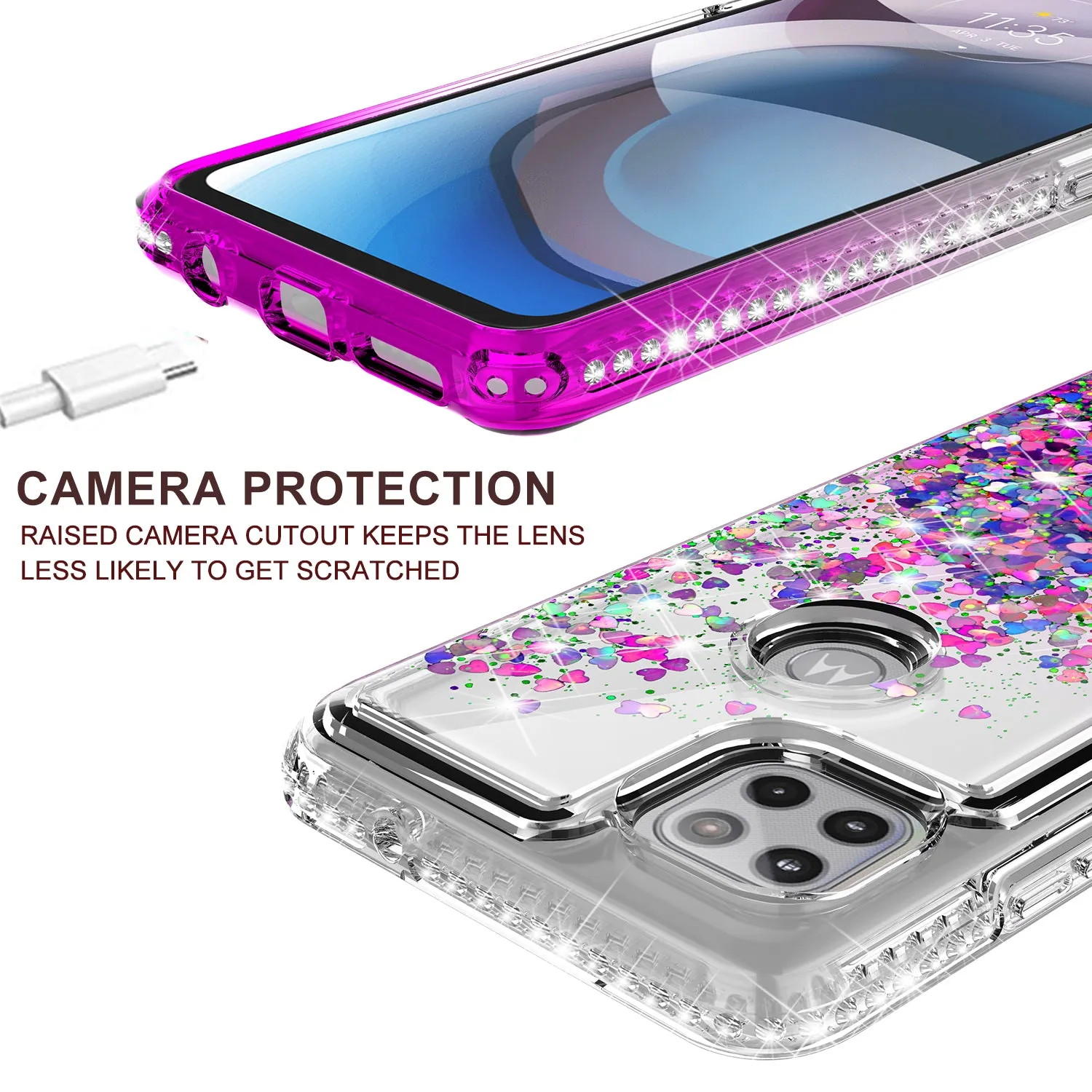 Motorola one 5G ace Case Liquid Glitter Phone Case Waterfall Floating Quicksand Bling Sparkle Cute Protective Girls Women Cover for Motorola one 5G ace W/Temper Glass - Purple