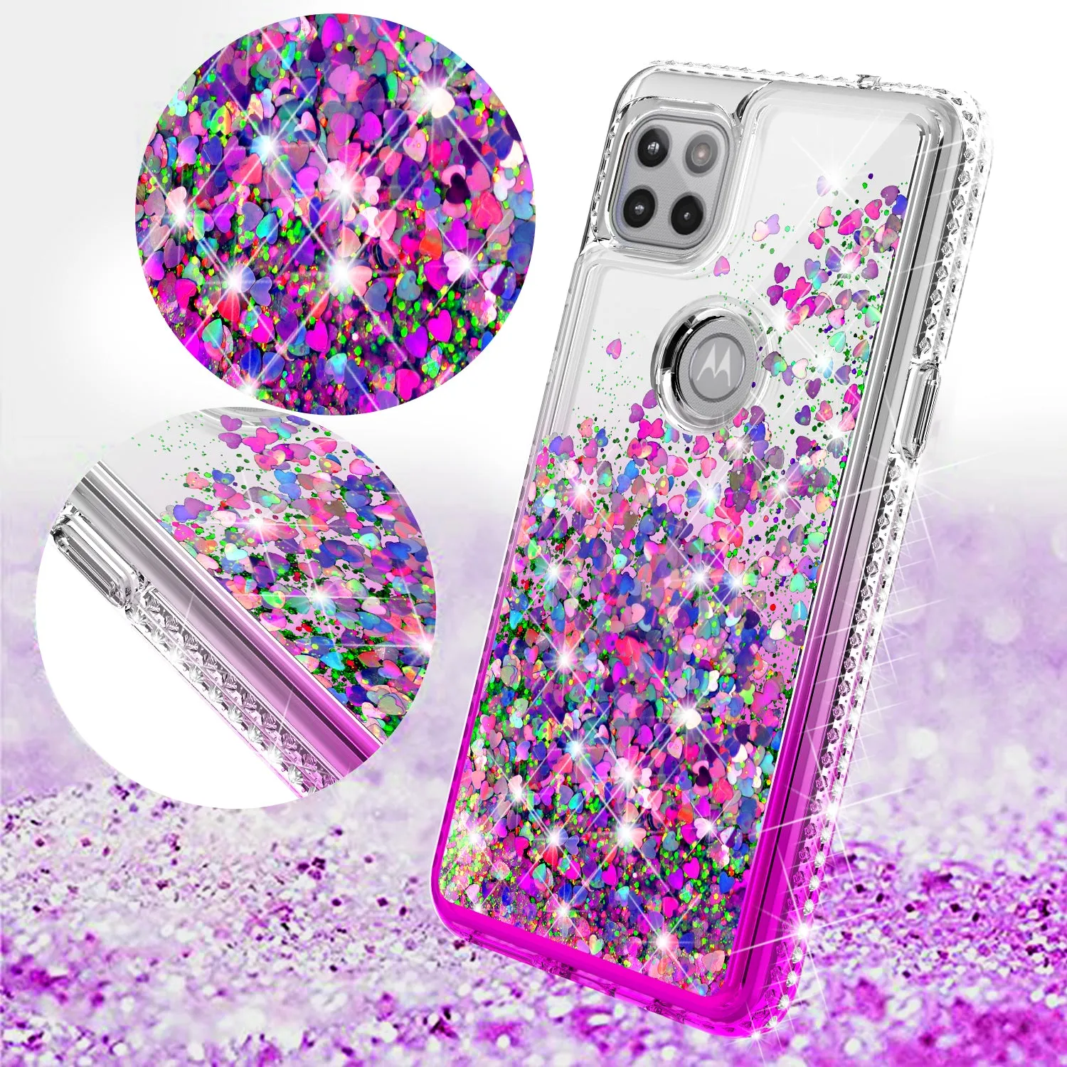 Motorola one 5G ace Case Liquid Glitter Phone Case Waterfall Floating Quicksand Bling Sparkle Cute Protective Girls Women Cover for Motorola one 5G ace W/Temper Glass - Purple