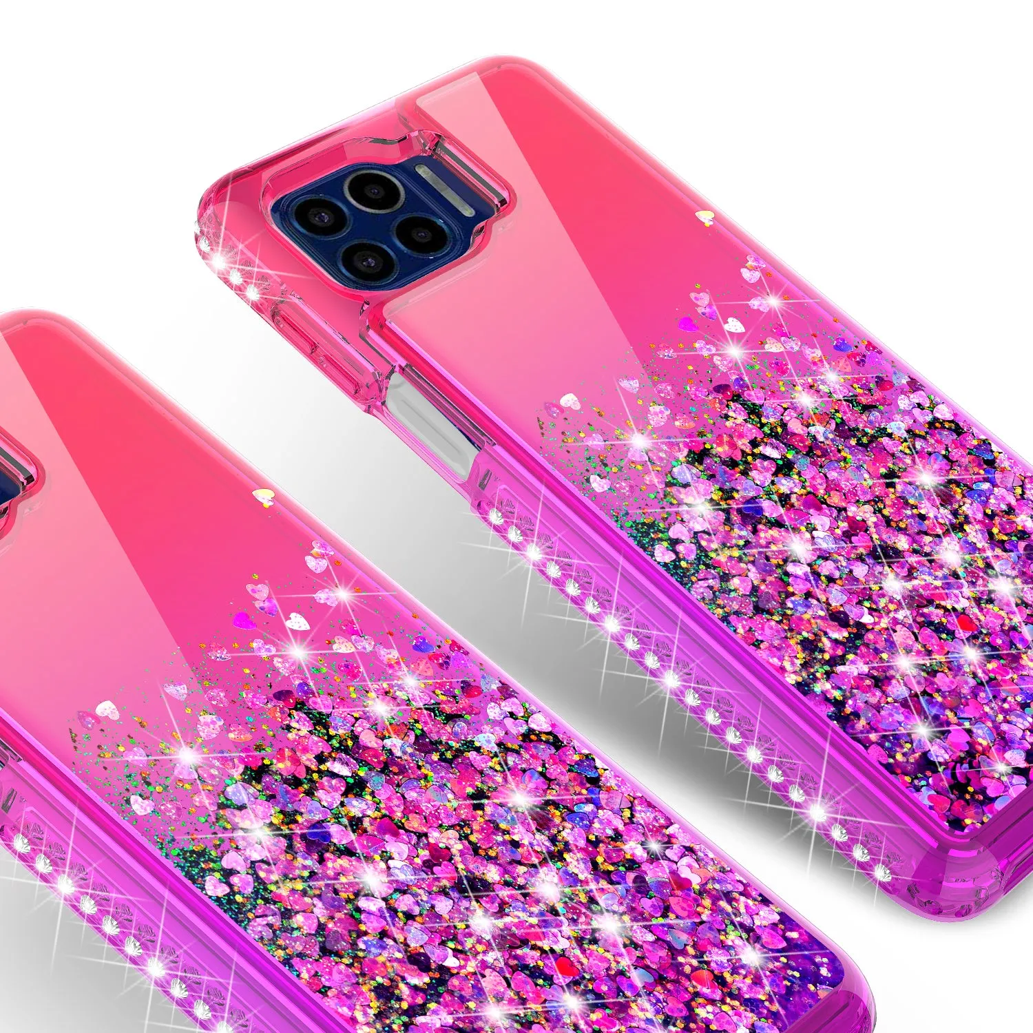 Motorola One 5G Case Liquid Glitter Phone Case Waterfall Floating Quicksand Bling Sparkle Cute Protective Girls Women Cover for Motorola One 5G w/ Tempered Glass - (Hot Pink/Purple Gradient)