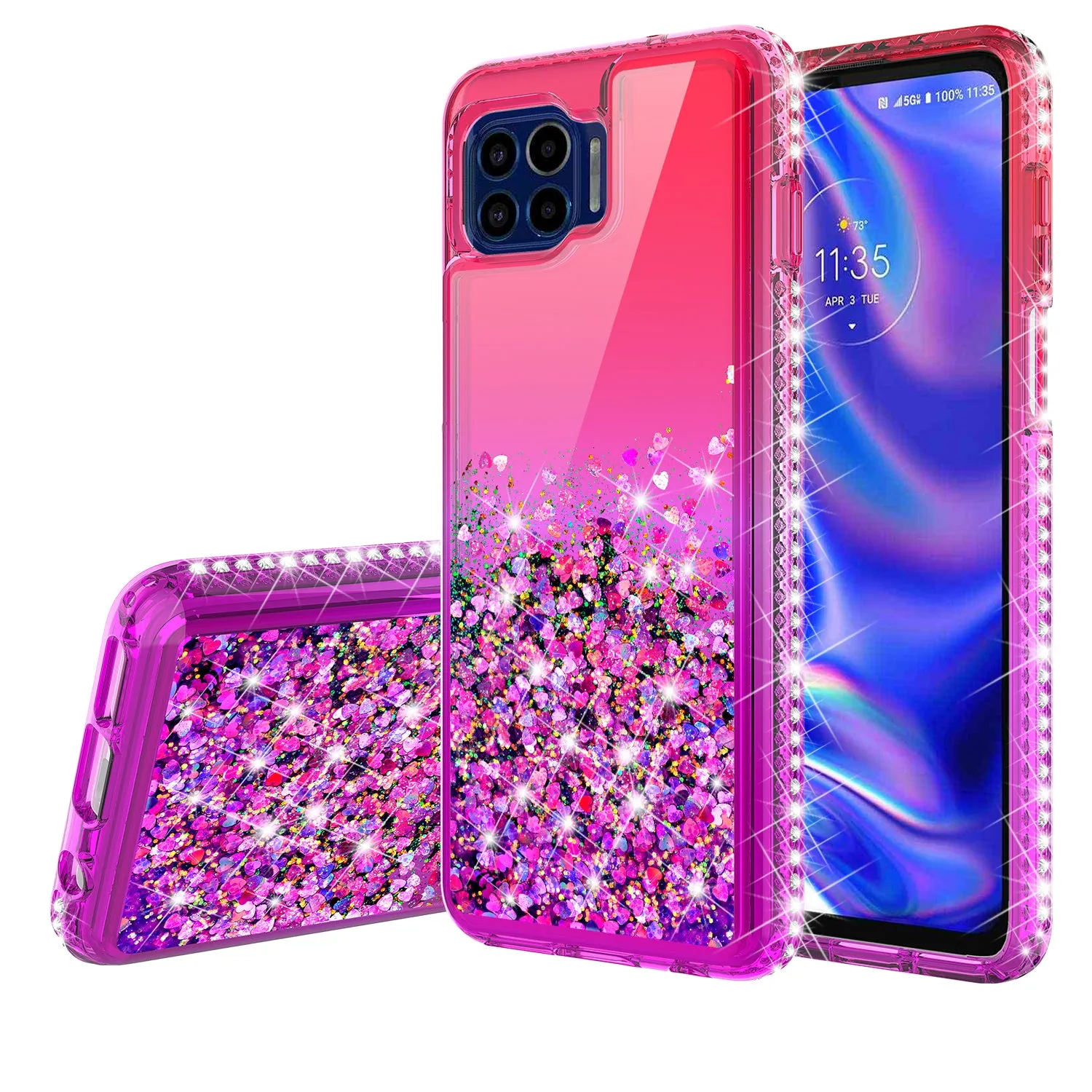 Motorola One 5G Case Liquid Glitter Phone Case Waterfall Floating Quicksand Bling Sparkle Cute Protective Girls Women Cover for Motorola One 5G w/ Tempered Glass - (Hot Pink/Purple Gradient)