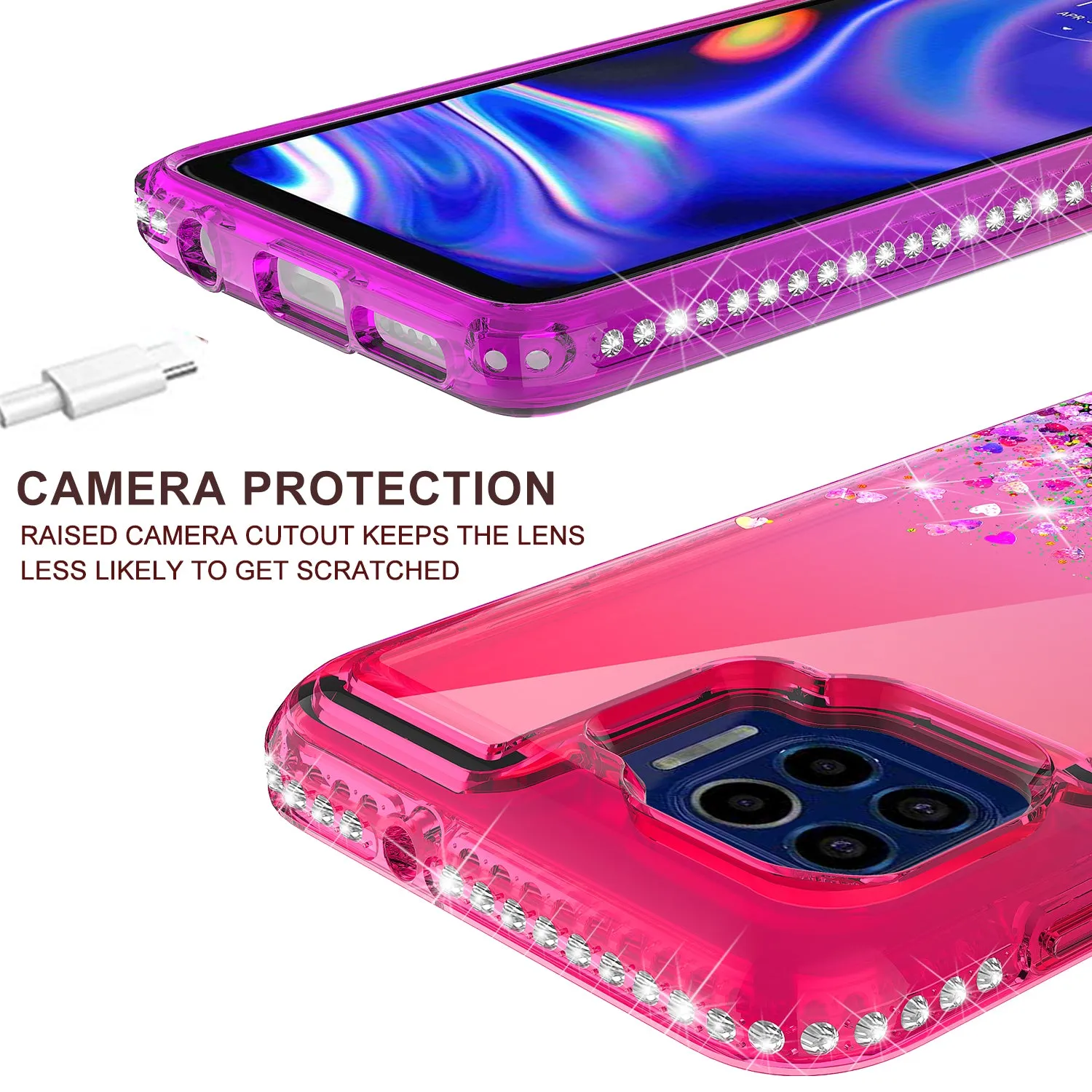 Motorola One 5G Case Liquid Glitter Phone Case Waterfall Floating Quicksand Bling Sparkle Cute Protective Girls Women Cover for Motorola One 5G w/ Tempered Glass - (Hot Pink/Purple Gradient)