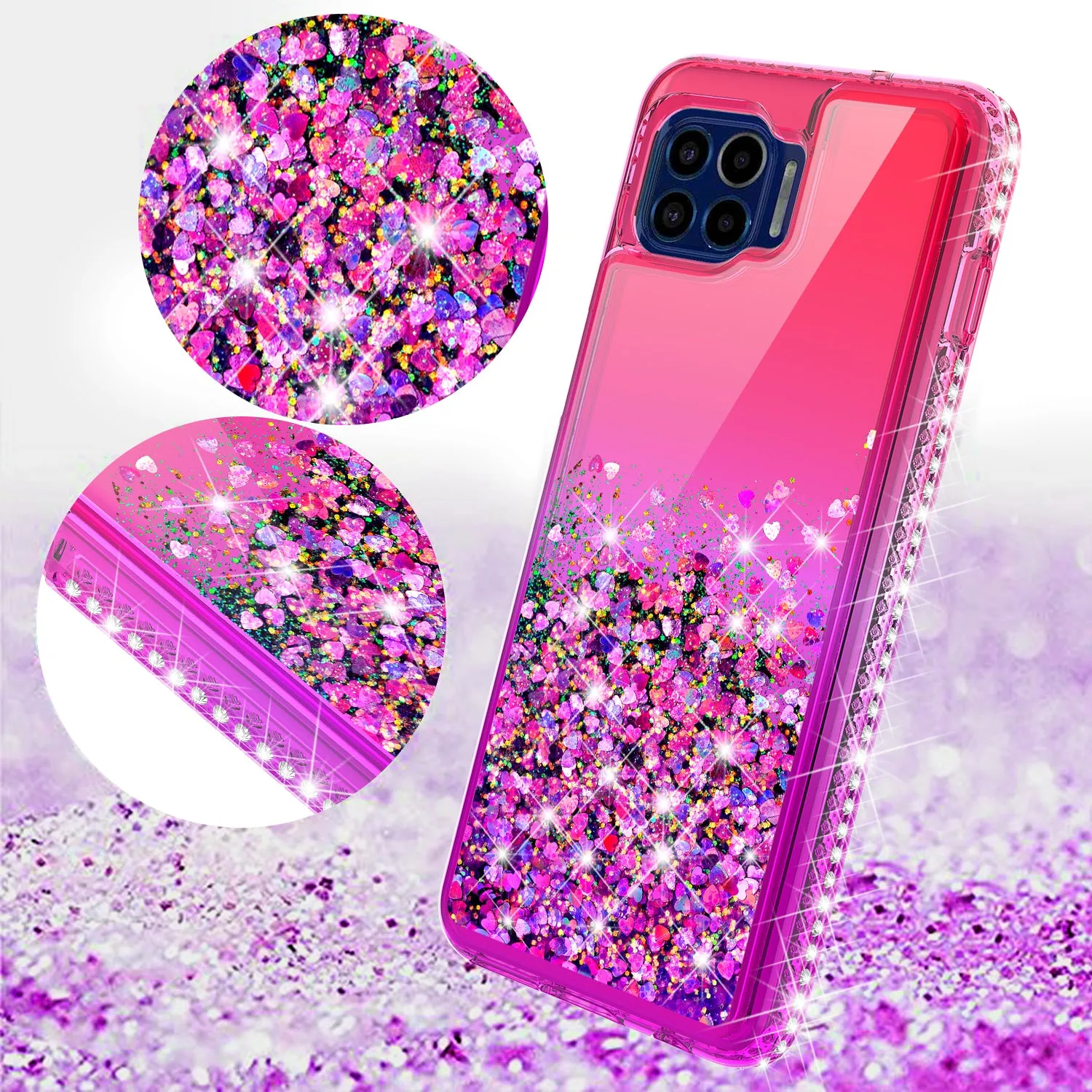 Motorola One 5G Case Liquid Glitter Phone Case Waterfall Floating Quicksand Bling Sparkle Cute Protective Girls Women Cover for Motorola One 5G w/ Tempered Glass - (Hot Pink/Purple Gradient)