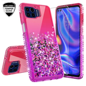 Motorola One 5G Case Liquid Glitter Phone Case Waterfall Floating Quicksand Bling Sparkle Cute Protective Girls Women Cover for Motorola One 5G w/ Tempered Glass - (Hot Pink/Purple Gradient)