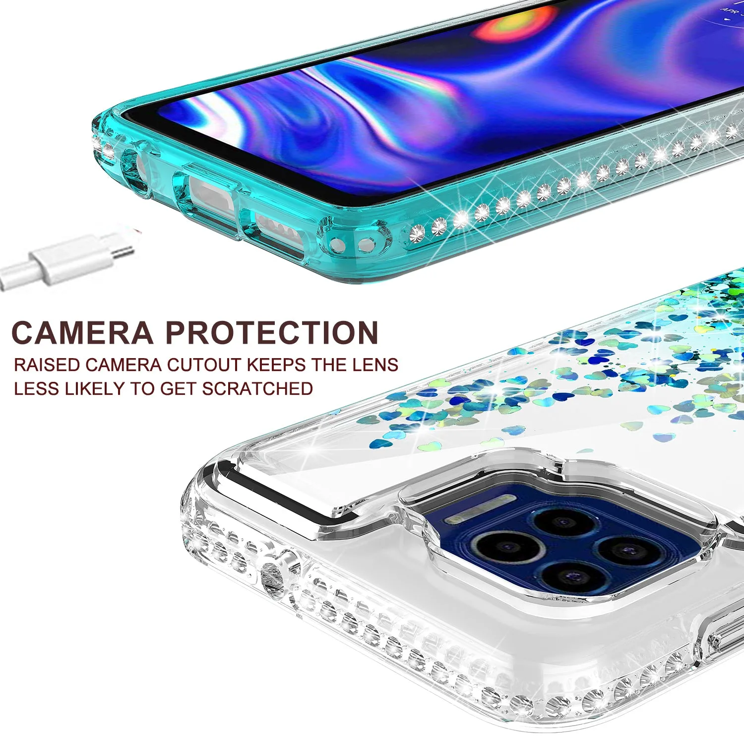 Motorola One 5G Case Liquid Glitter Phone Case Waterfall Floating Quicksand Bling Sparkle Cute Protective Girls Women Cover for Motorola One 5G W/Temper Glass - Teal
