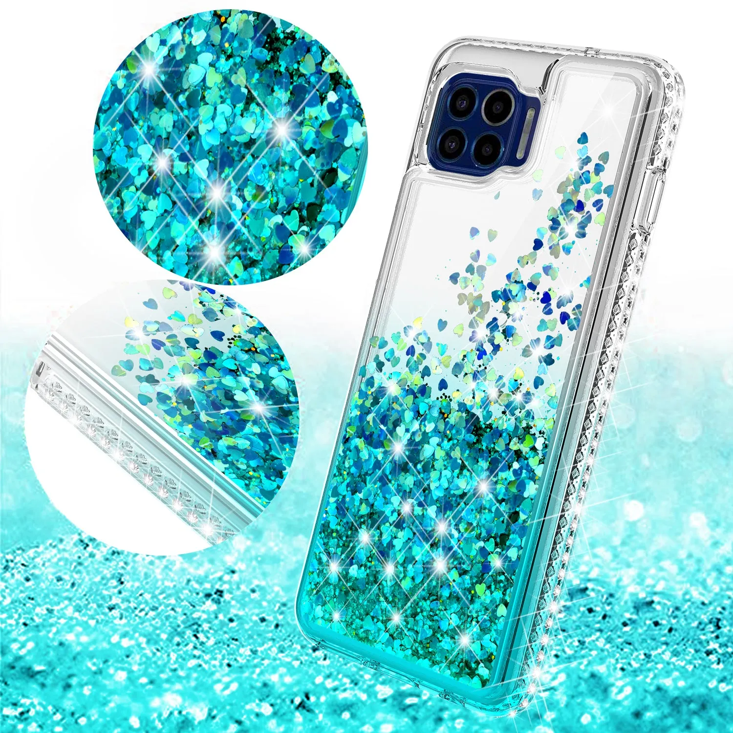 Motorola One 5G Case Liquid Glitter Phone Case Waterfall Floating Quicksand Bling Sparkle Cute Protective Girls Women Cover for Motorola One 5G W/Temper Glass - Teal