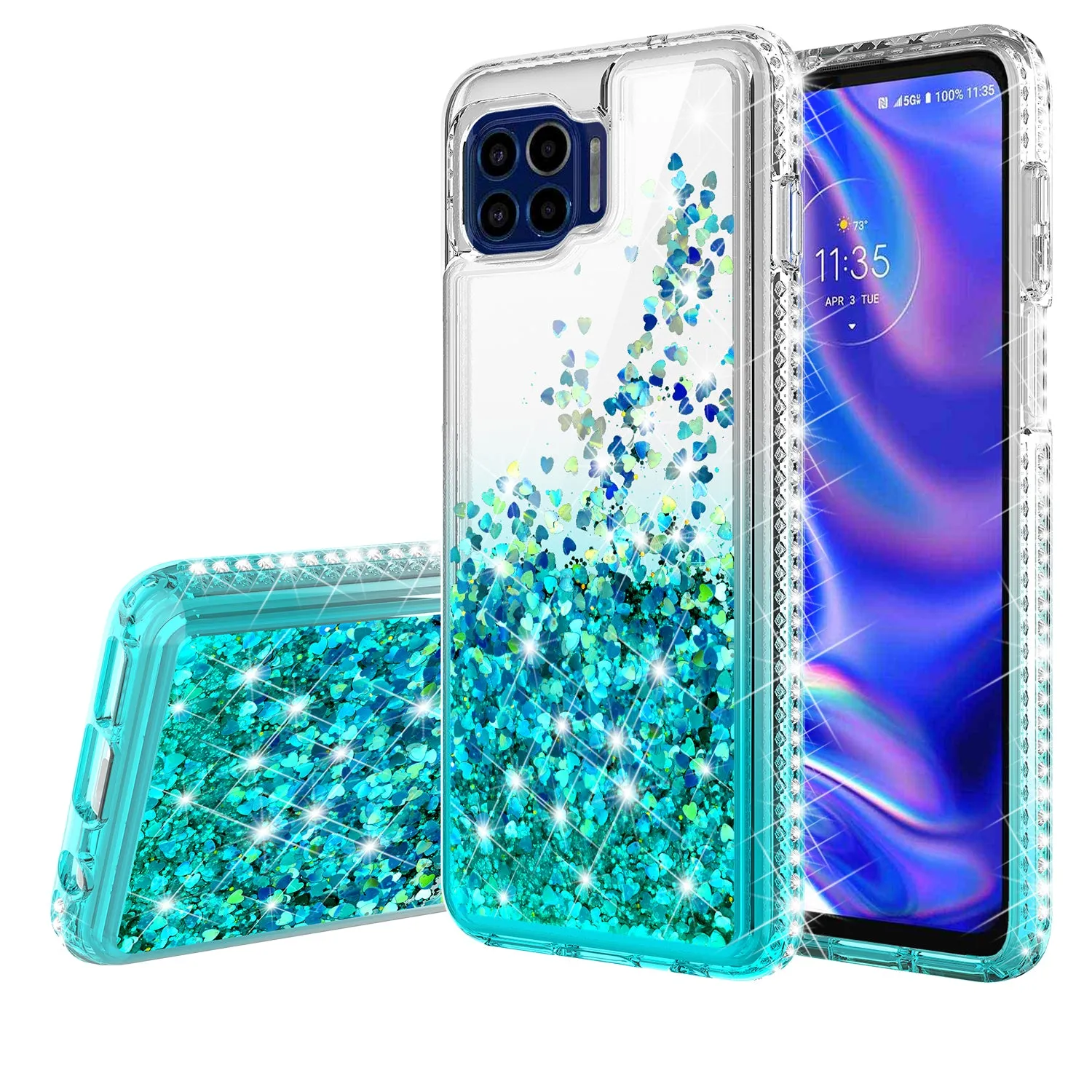 Motorola One 5G Case Liquid Glitter Phone Case Waterfall Floating Quicksand Bling Sparkle Cute Protective Girls Women Cover for Motorola One 5G W/Temper Glass - Teal