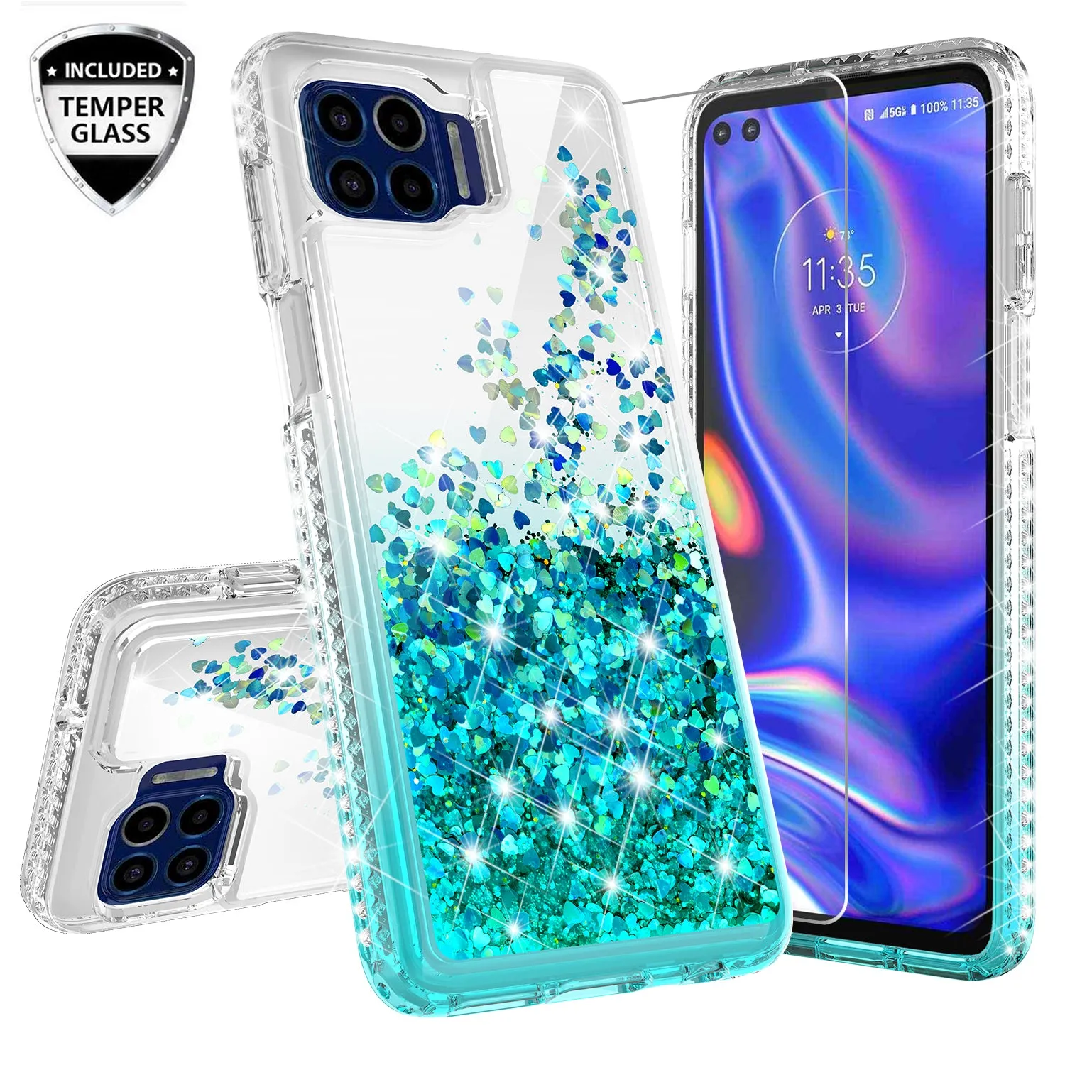 Motorola One 5G Case Liquid Glitter Phone Case Waterfall Floating Quicksand Bling Sparkle Cute Protective Girls Women Cover for Motorola One 5G W/Temper Glass - Teal