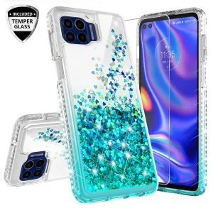 Motorola One 5G Case Liquid Glitter Phone Case Waterfall Floating Quicksand Bling Sparkle Cute Protective Girls Women Cover for Motorola One 5G W/Temper Glass - Teal