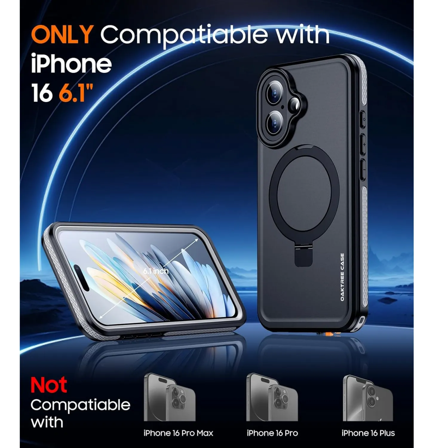 OAKTREE iPhone 16 6.1" Waterproof Full-Body MagSafe Kickstand Case - Black