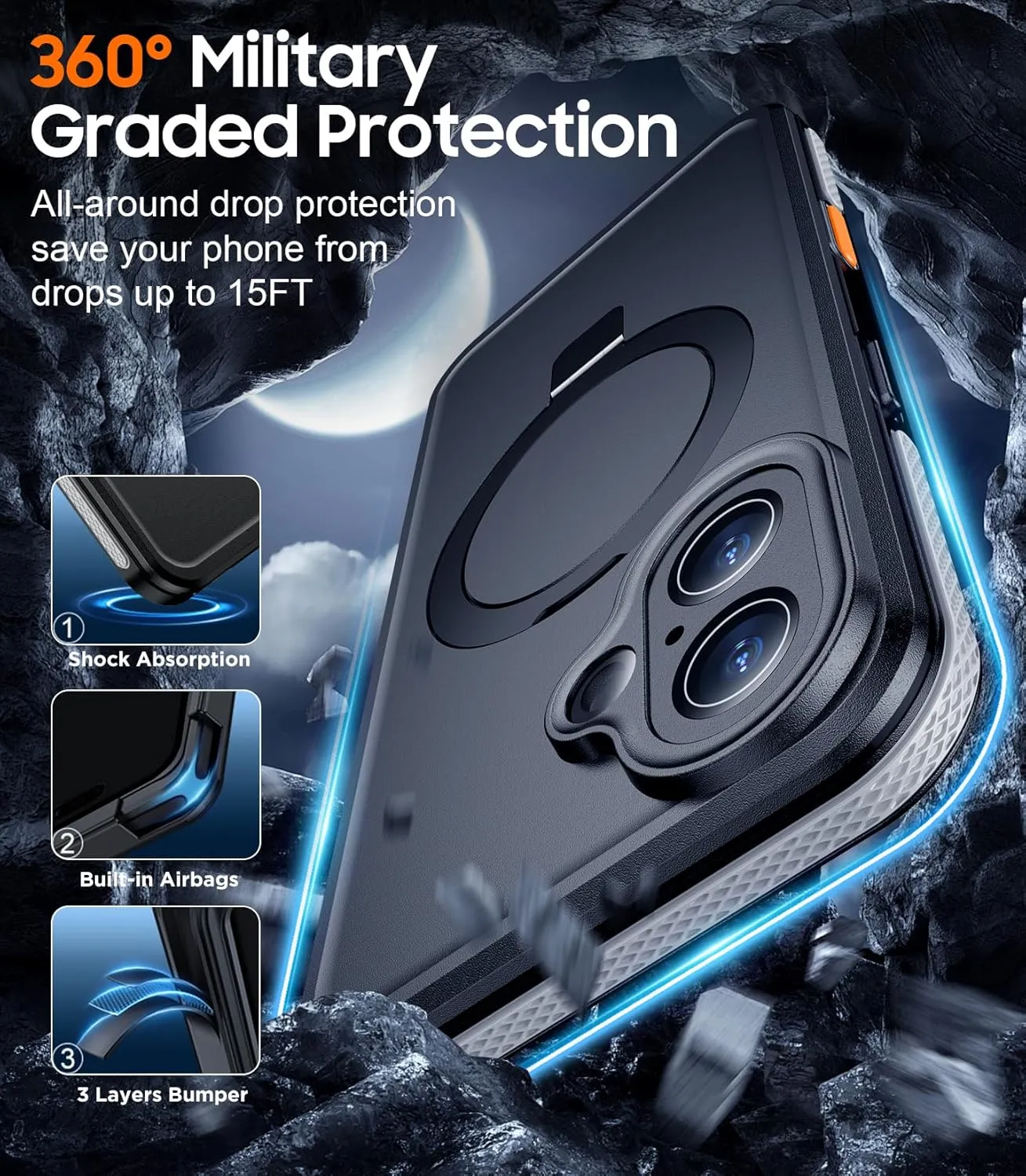 OAKTREE iPhone 16 6.1" Waterproof Full-Body MagSafe Kickstand Case - Black