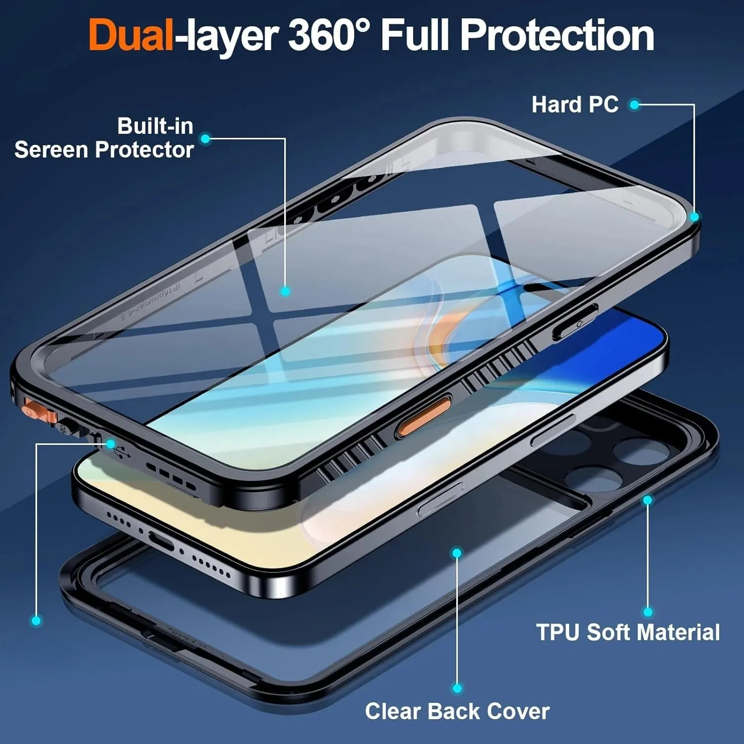 OAKTREE iPhone 16 Pro 6.3" Shockproof Waterproof Full-Body Rugged Case - Black / Clear