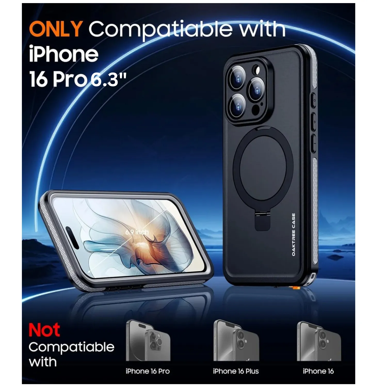 OAKTREE iPhone 16 Pro 6.3" Waterproof Full-Body MagSafe Kickstand Case - Black