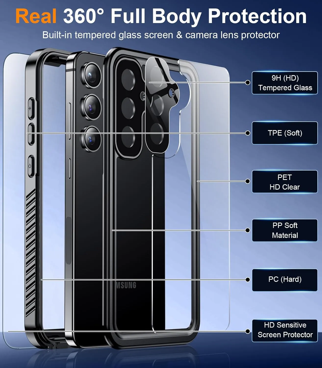 OAKTREE Samsung Galaxy S25 5G 6.2 inch Shockproof Waterproof Full-Body Rugged Case - Black/Clear