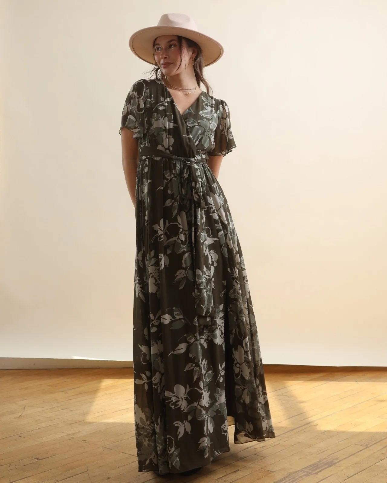 Olive Green Multi Floral Short Sleeve Chiffon Surplice Maxi Dress